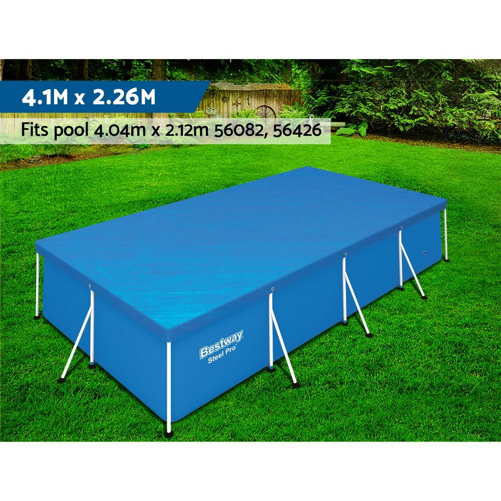 Bestway PVC Pool Cover secured with rope ties, featuring drainage holes for rainwater.