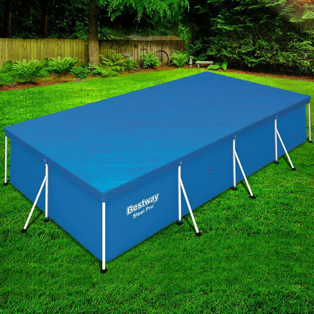 Bestway PVC Pool Cover secured with rope ties, featuring drainage holes for rainwater.