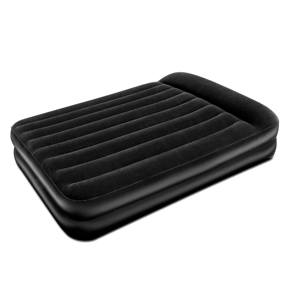 Bestway Queen Size Inflatable Air Mattress in black with built-in pump and pillow, ideal for indoor and outdoor use.