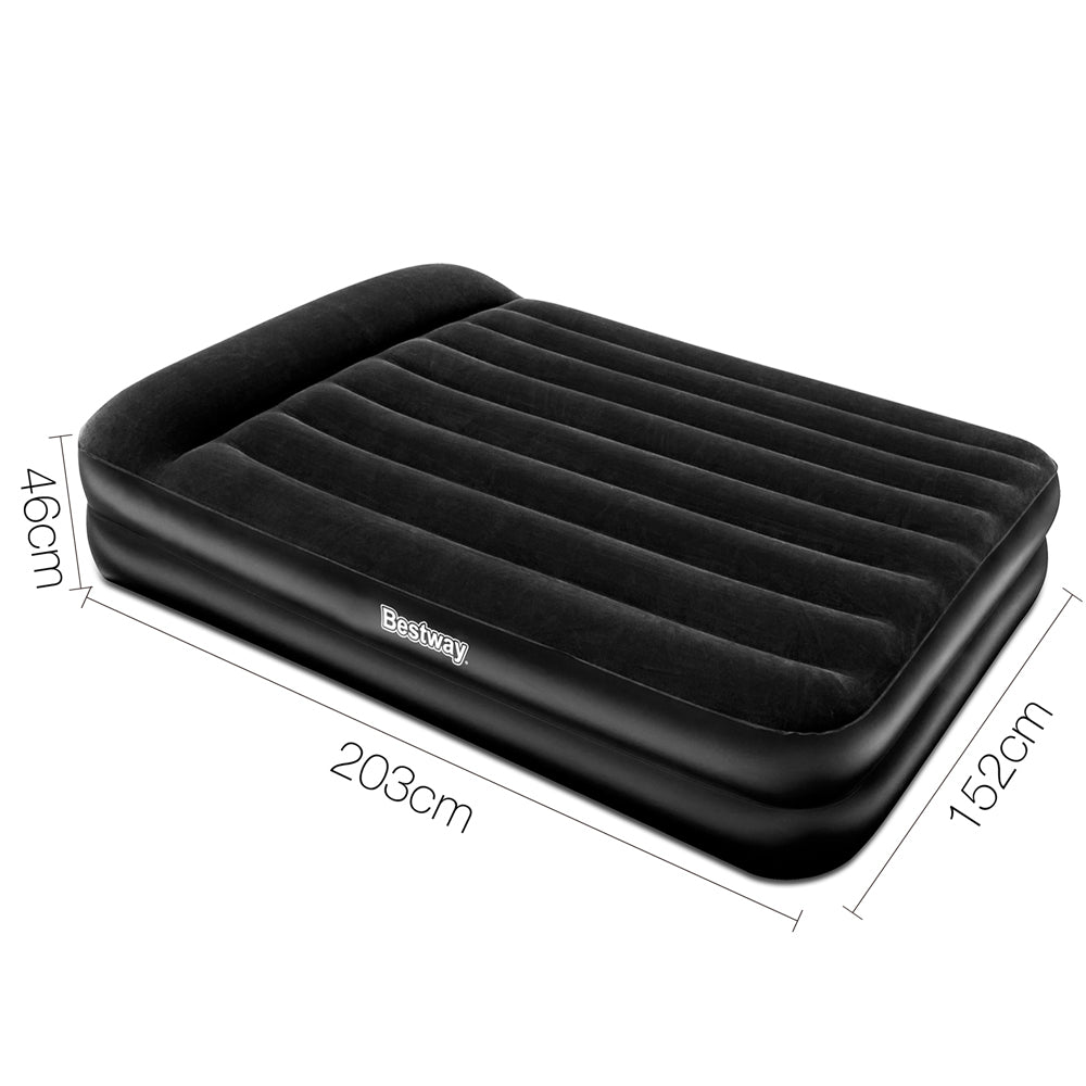 Bestway Queen Size Inflatable Air Mattress in black with built-in pump and pillow, ideal for indoor and outdoor use.