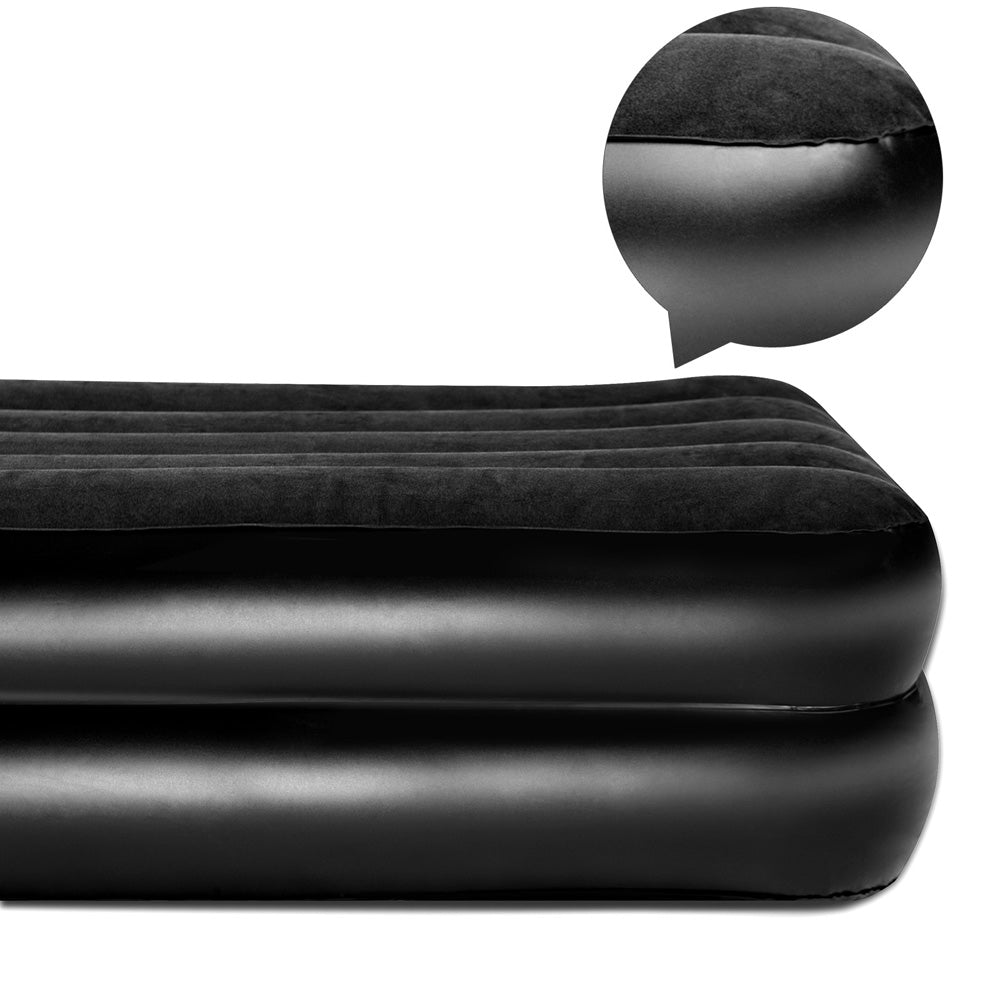 Bestway Queen Size Inflatable Air Mattress in black with built-in pump and pillow, ideal for indoor and outdoor use.