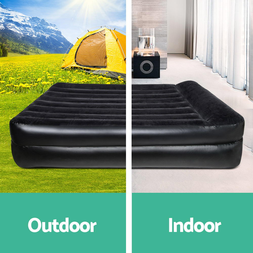 Bestway Queen Size Inflatable Air Mattress in black with built-in pump and pillow, ideal for indoor and outdoor use.