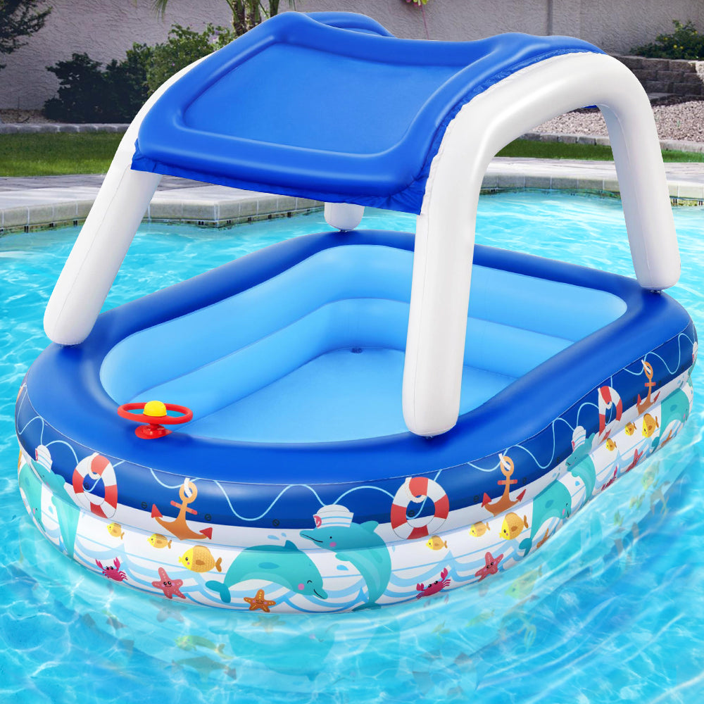 Bestway Sea Captain Family Pool with removable canopy, featuring a built-in steering wheel and vibrant colors for imaginative play.