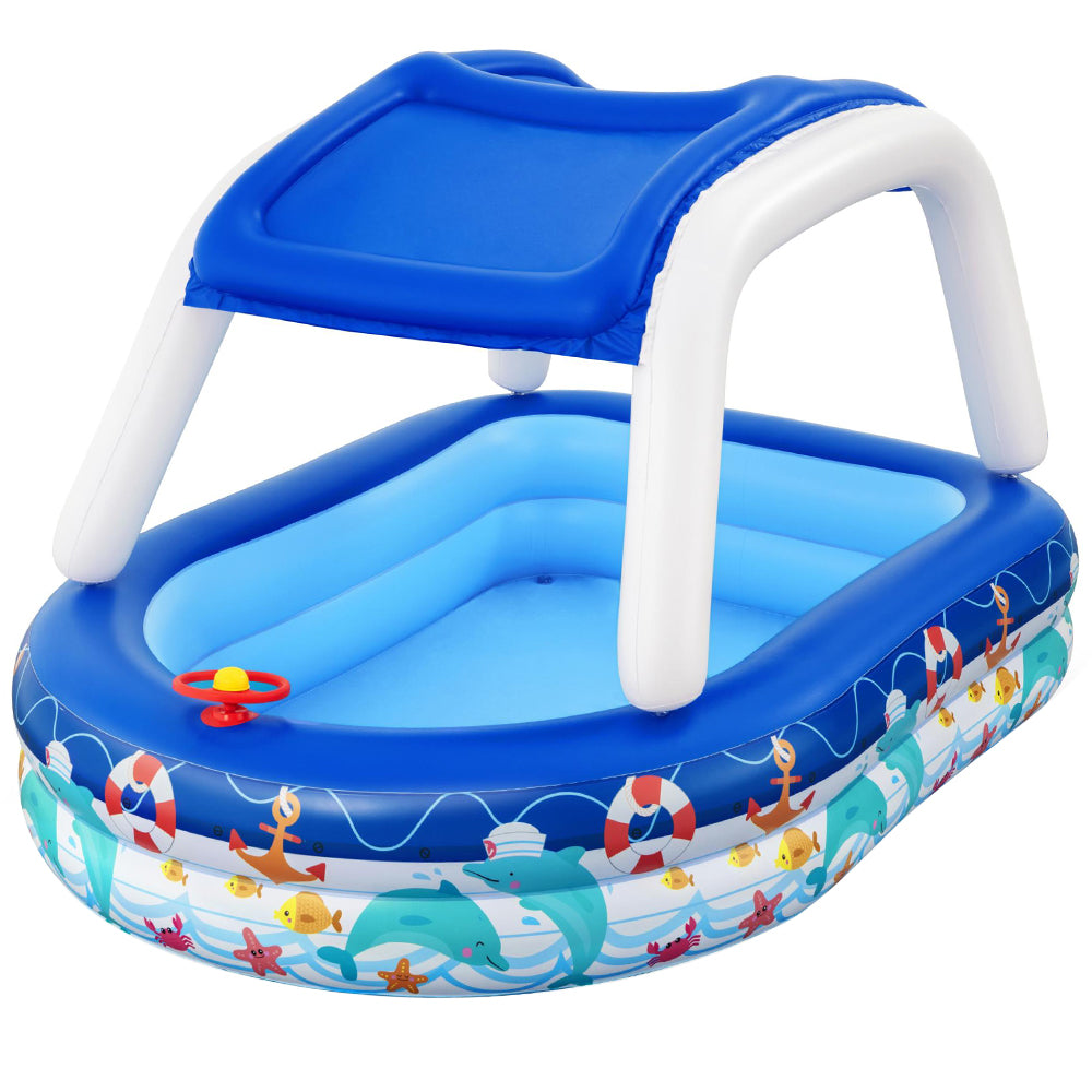 Bestway Sea Captain Family Pool with removable canopy, featuring a built-in steering wheel and vibrant colors for imaginative play.