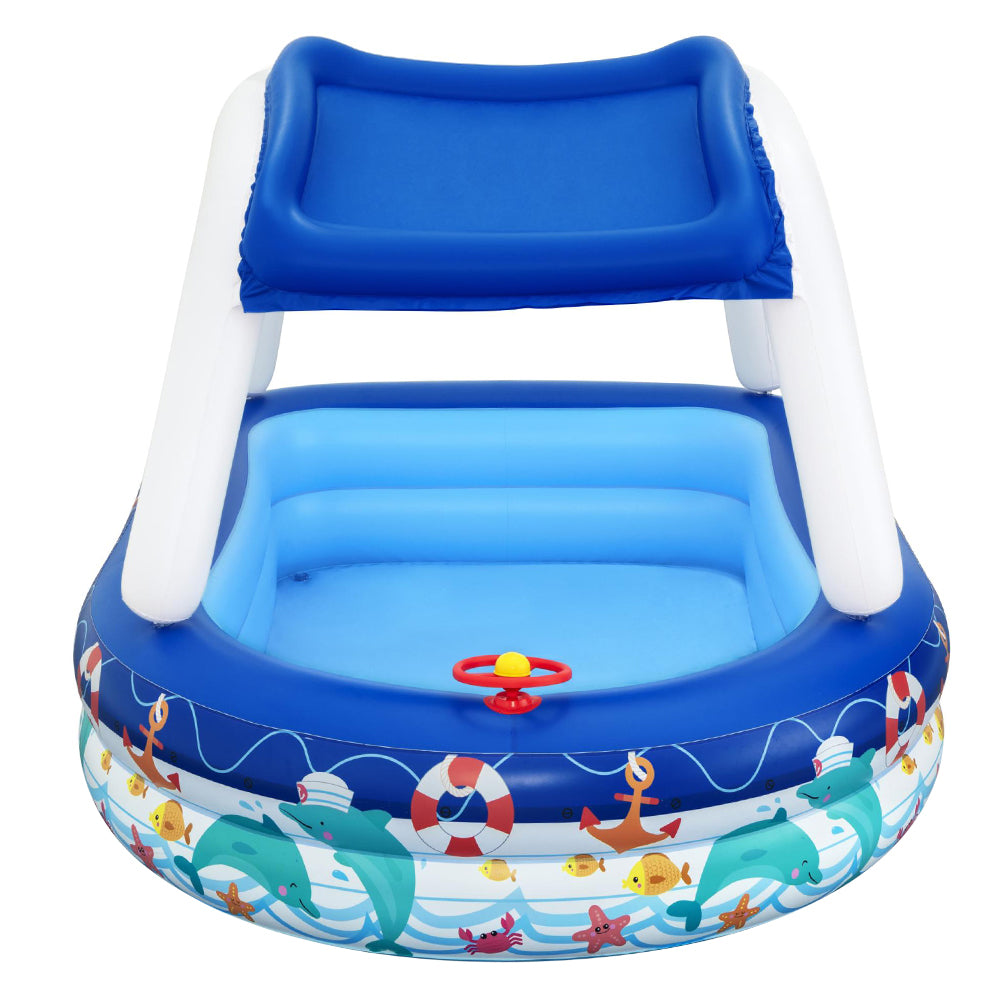 Bestway Sea Captain Family Pool with removable canopy, featuring a built-in steering wheel and vibrant colors for imaginative play.