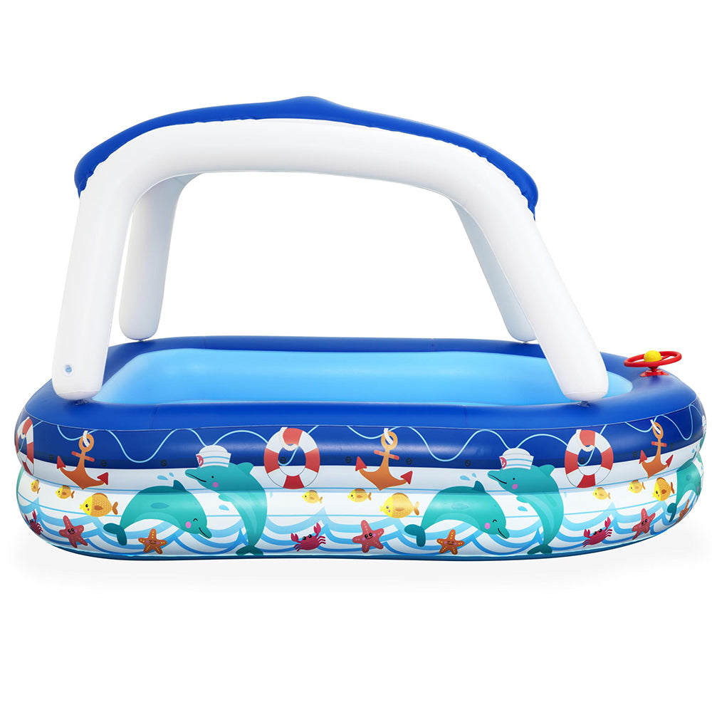 Bestway Sea Captain Family Pool with removable canopy, featuring a built-in steering wheel and vibrant colors for imaginative play.