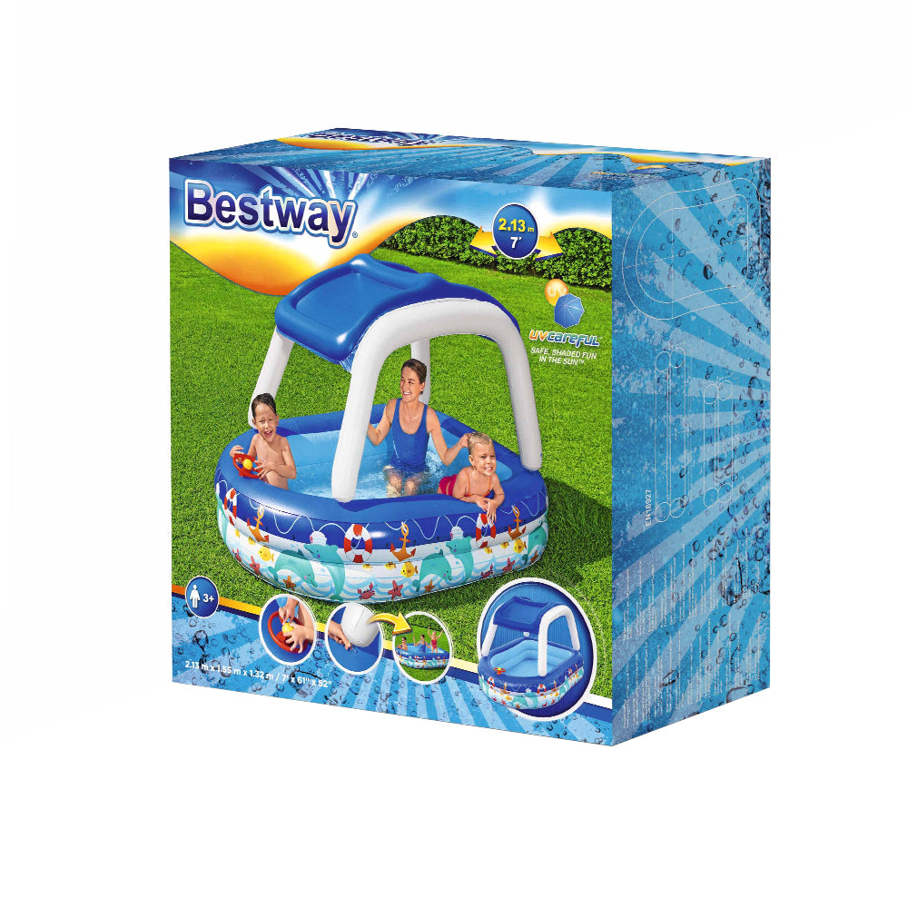 Bestway Sea Captain Family Pool with removable canopy, featuring a built-in steering wheel and vibrant colors for imaginative play.