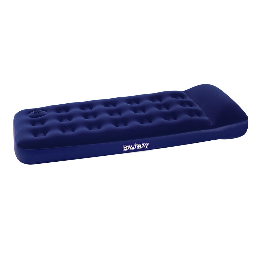 Bestway Single Size Inflatable Air Mattress in navy color with a comfortable flocked surface and built-in pillow.