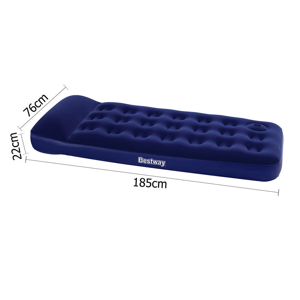 Bestway Single Size Inflatable Air Mattress in navy color with a comfortable flocked surface and built-in pillow.