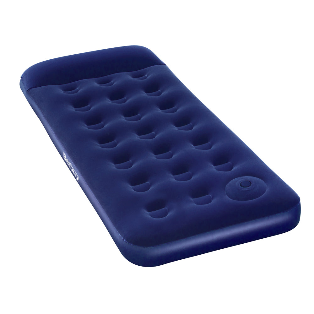 Bestway Single Size Inflatable Air Mattress in navy color with a comfortable flocked surface and built-in pillow.