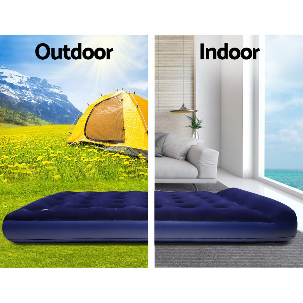 Bestway Single Size Inflatable Air Mattress in navy color with a comfortable flocked surface and built-in pillow.