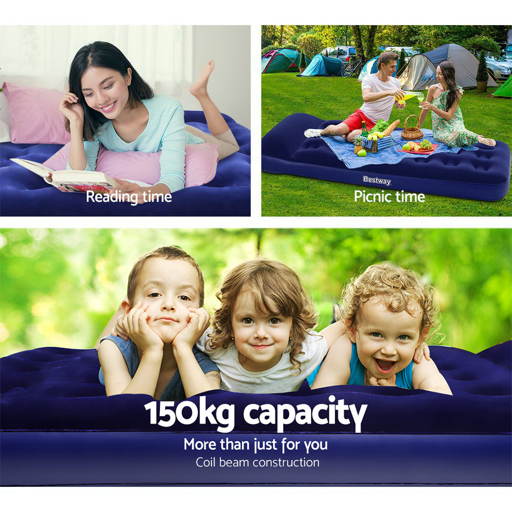 Bestway Single Size Inflatable Air Mattress in navy color with a comfortable flocked surface and built-in pillow.