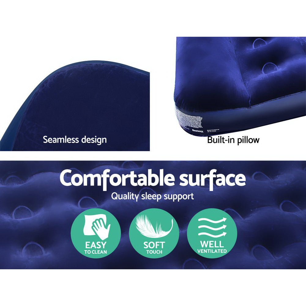 Bestway Single Size Inflatable Air Mattress in navy color with a comfortable flocked surface and built-in pillow.