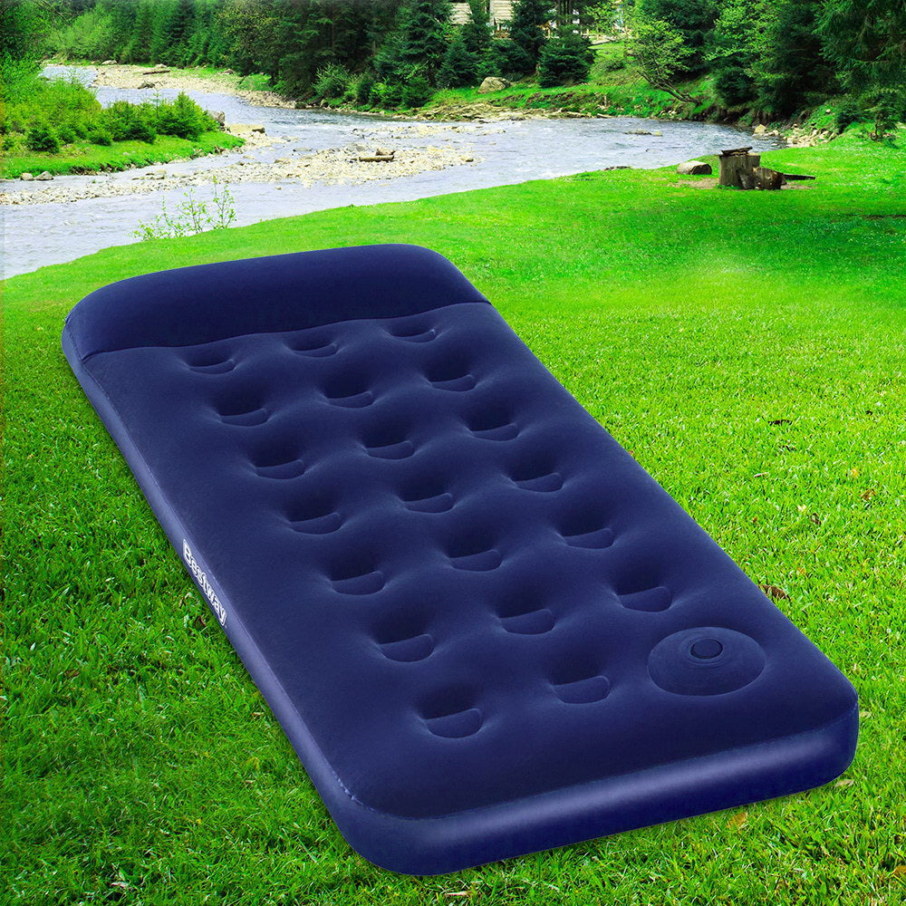 Bestway Single Size Inflatable Air Mattress in navy color with a comfortable flocked surface and built-in pillow.