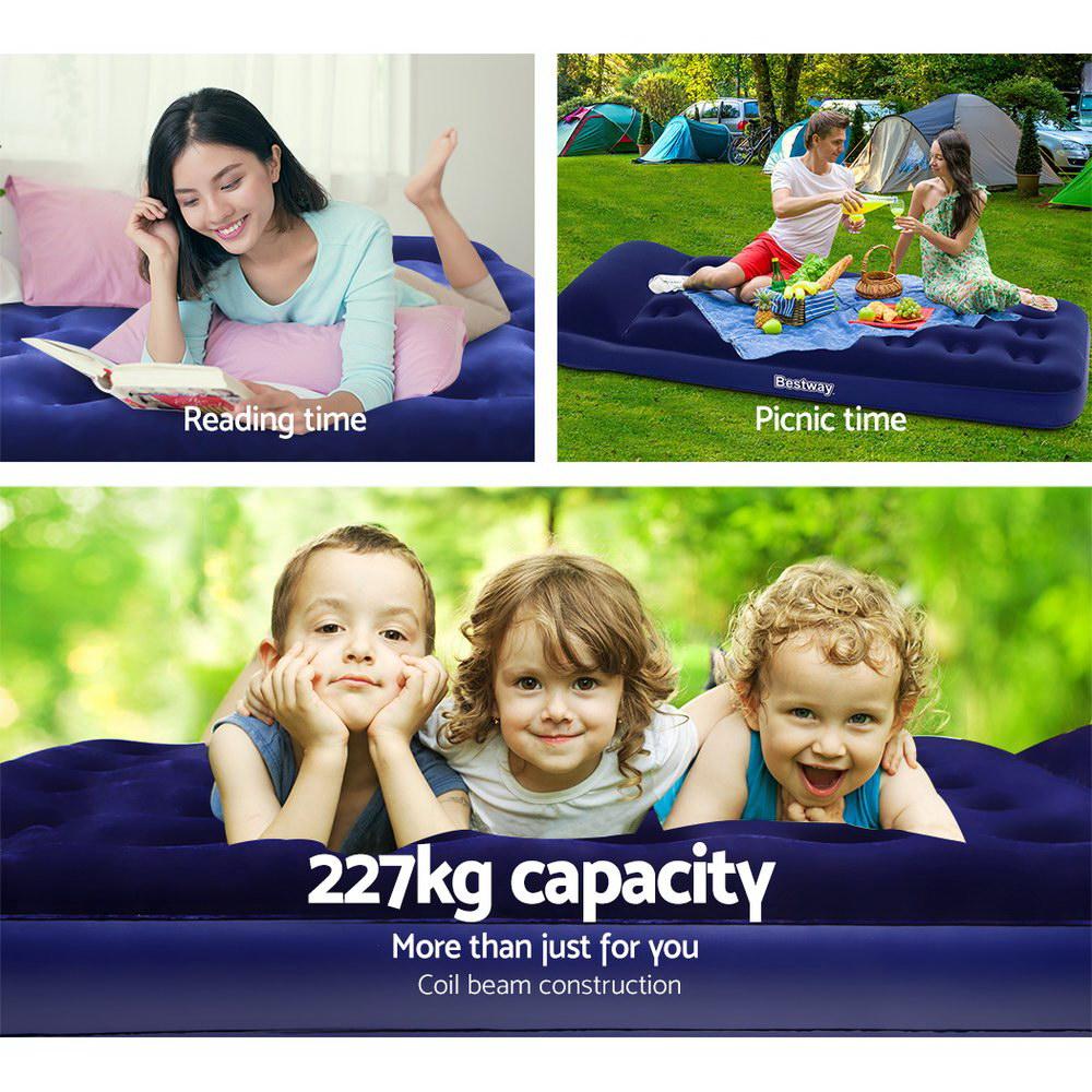 Bestway Single Size Inflatable Air Mattress in navy color with built-in pillow and foot pump.