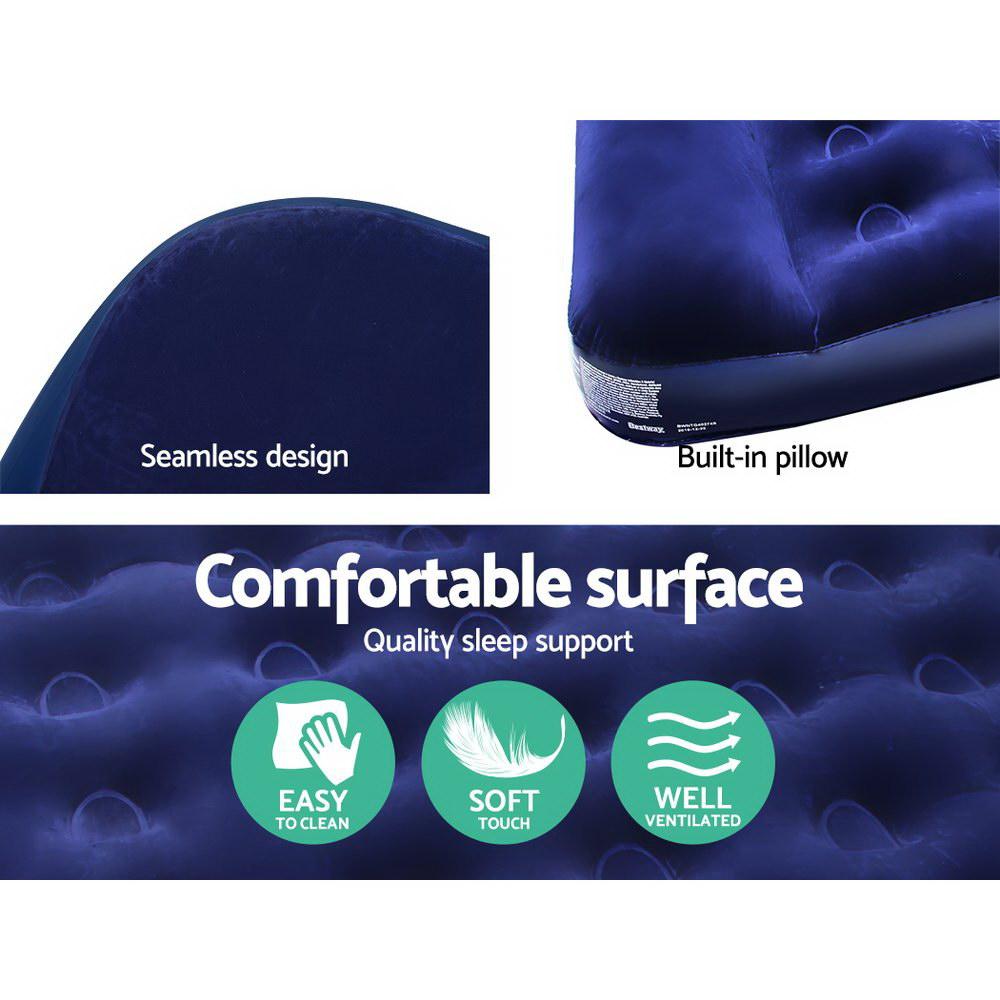 Bestway Single Size Inflatable Air Mattress in navy color with built-in pillow and foot pump.