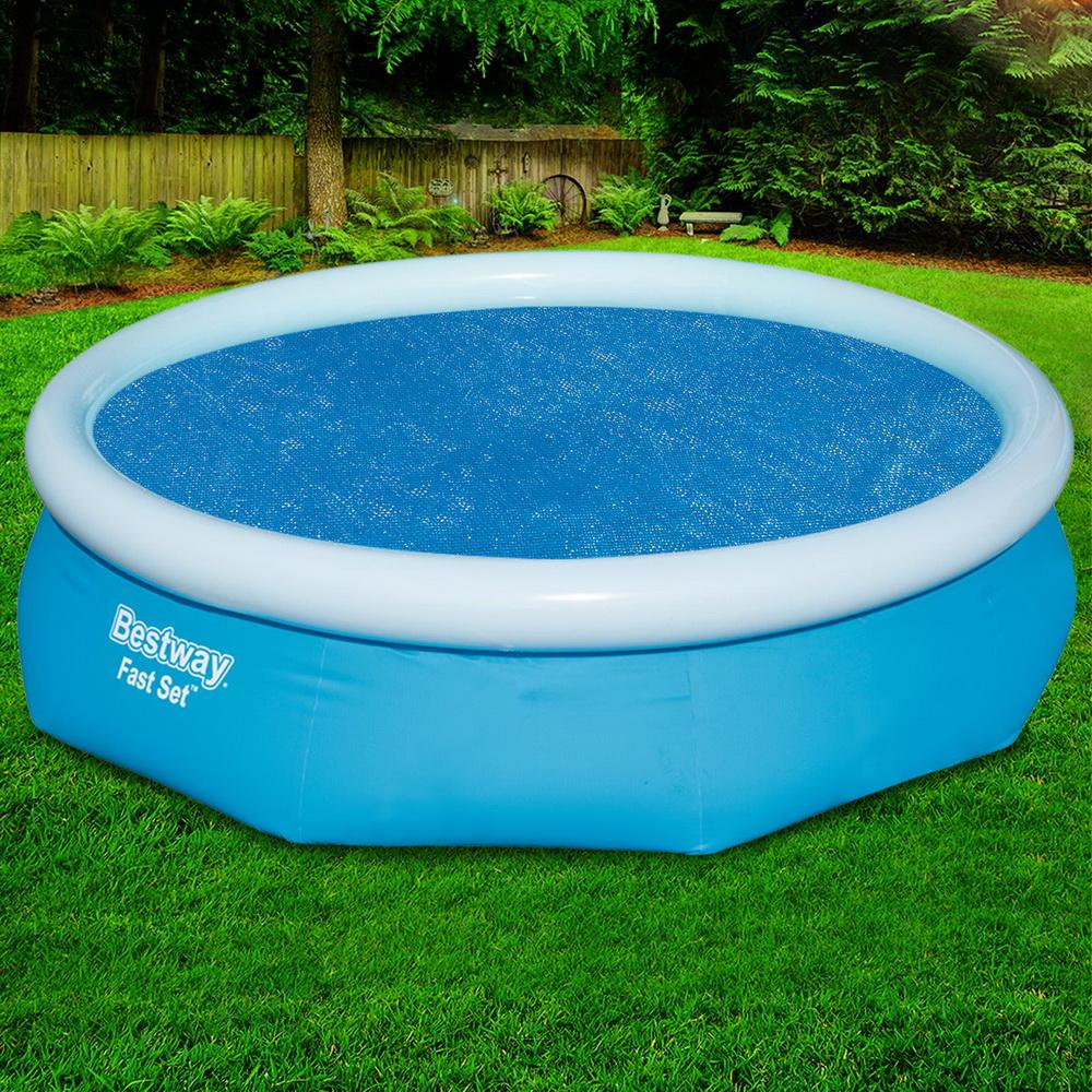 Bestway Solar Pool Cover Blanket for 10ft round swimming pool, showcasing its durable UV-resistant PVC material and secure ropes.