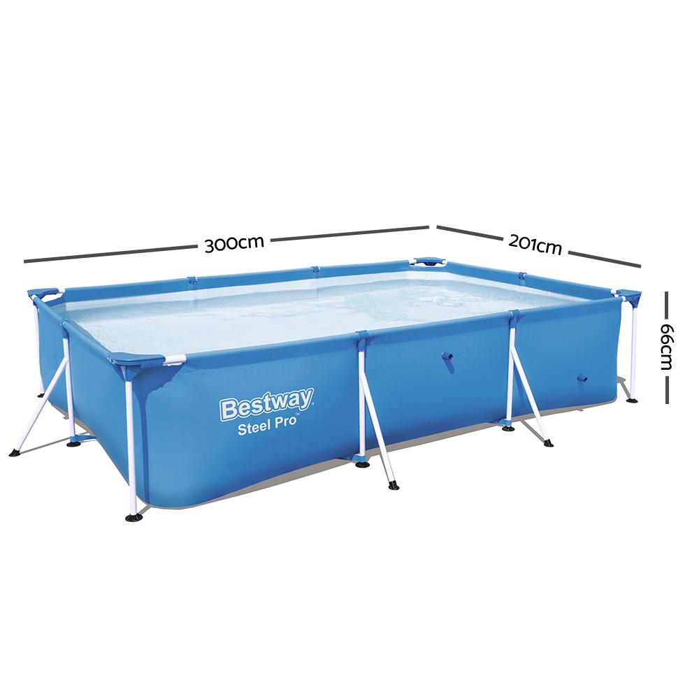 Bestway Steel Above Ground Swimming Pool with heavy-duty PVC walls and rust-resistant frame, set up in a backyard.