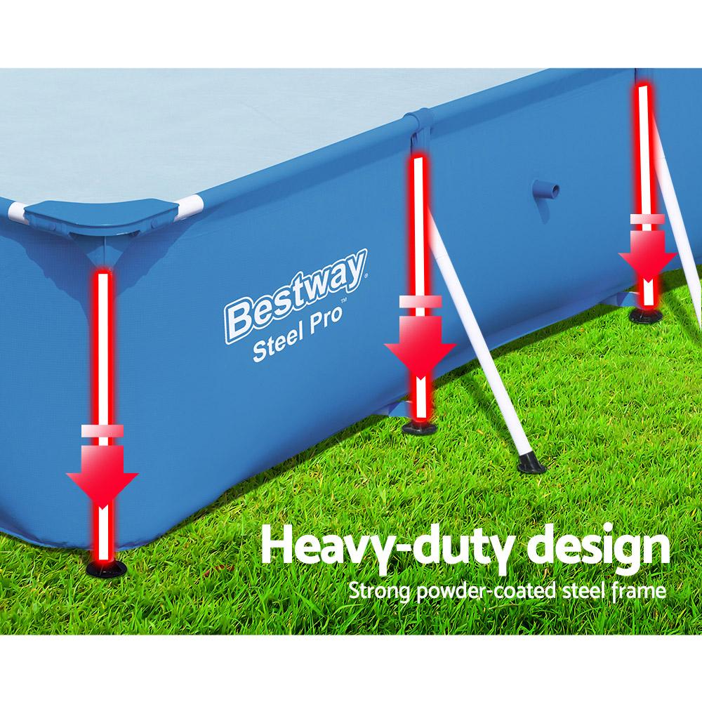 Bestway Steel Above Ground Swimming Pool with heavy-duty PVC walls and rust-resistant frame, set up in a backyard.