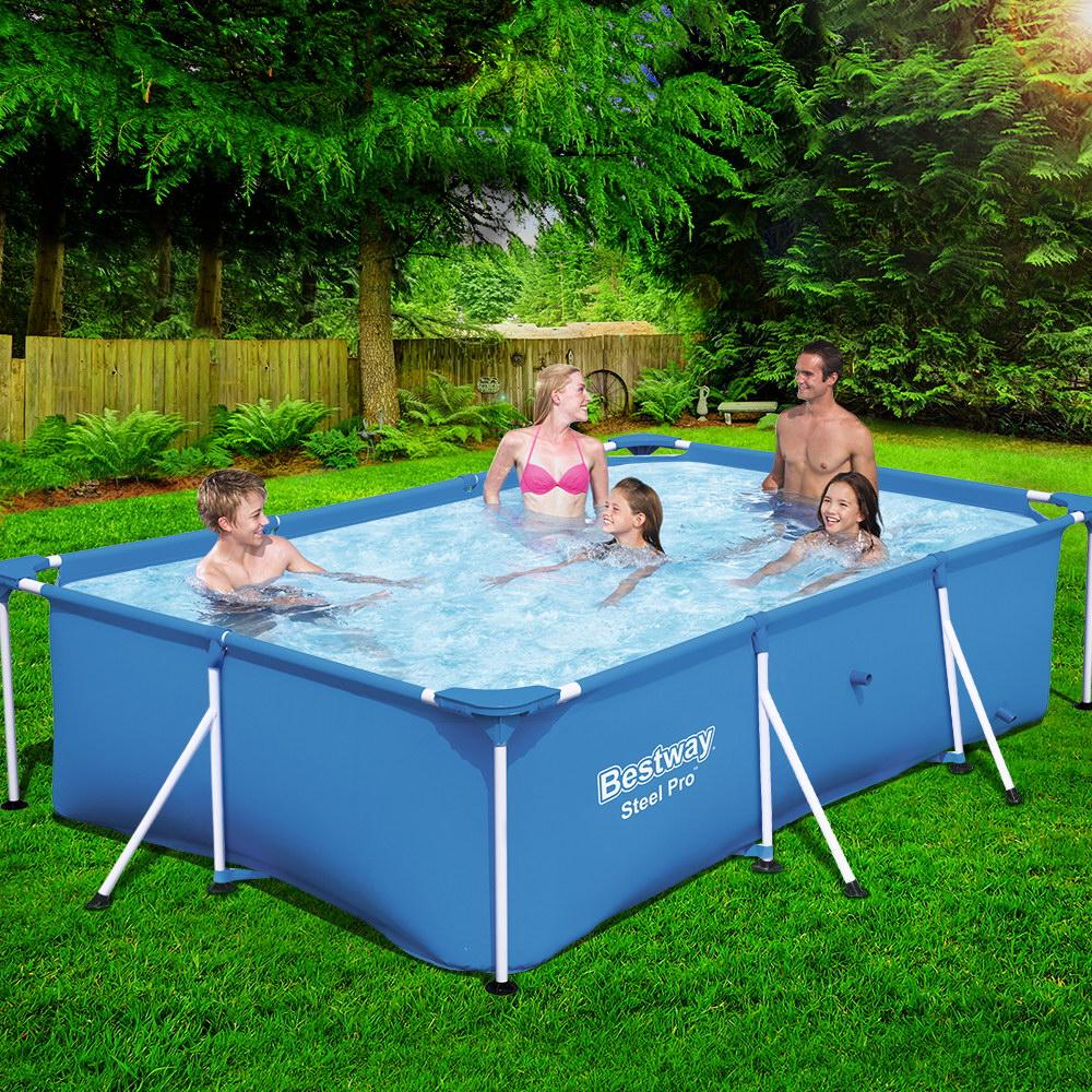 Bestway Steel Above Ground Swimming Pool with heavy-duty PVC walls and rust-resistant frame, set up in a backyard.