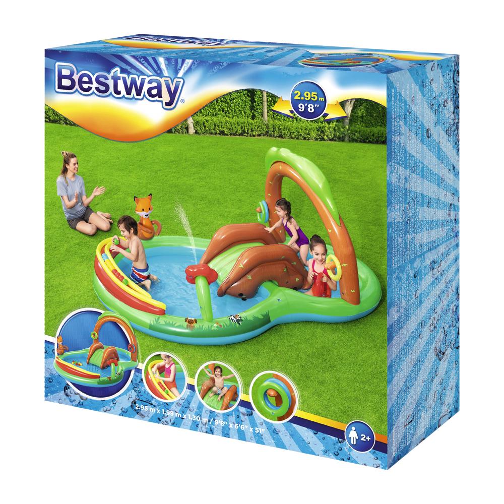 Bestway Swimming Pool Above Ground Inflatable for kids featuring a slide, water sprayer, and colorful play accessories in a backyard setting.