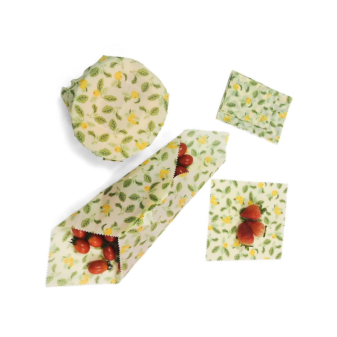 A set of three colorful Beeswax Food Wraps in various sizes, showcasing their eco-friendly design for food storage.