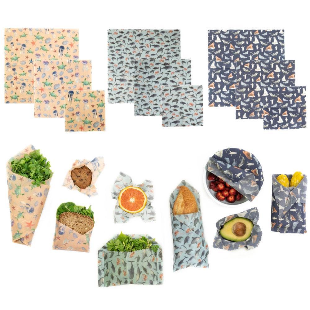 A set of three colorful Beeswax Food Wraps in various sizes, showcasing their eco-friendly design for food storage.