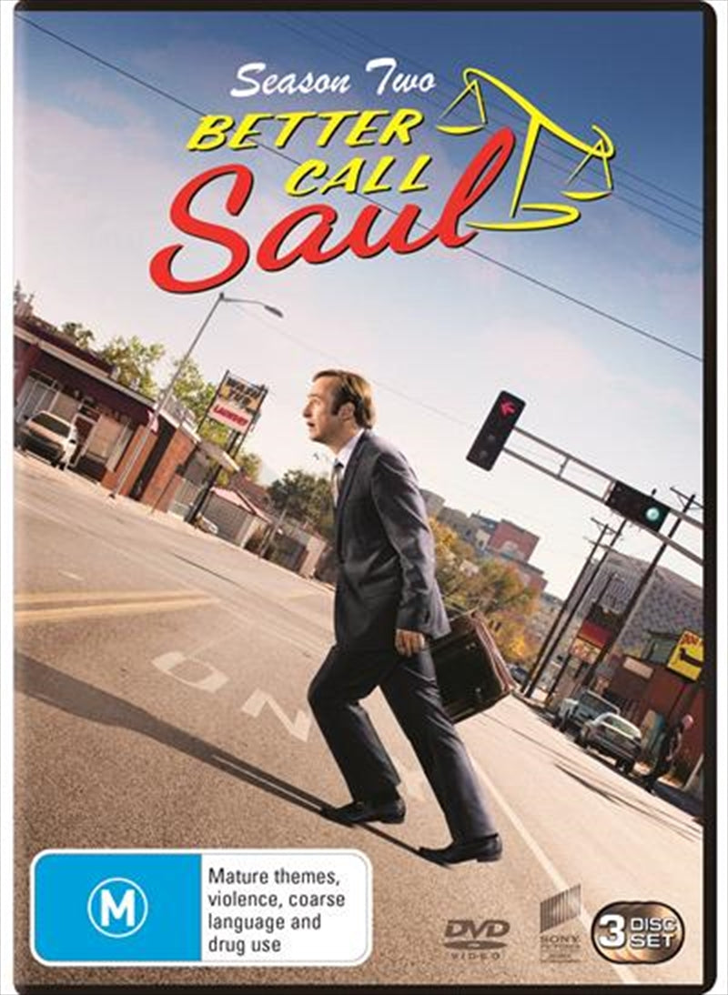 Better Call Saul - Season 2 DVD cover featuring Jimmy McGill and Kim Wexler, showcasing dramatic artwork.