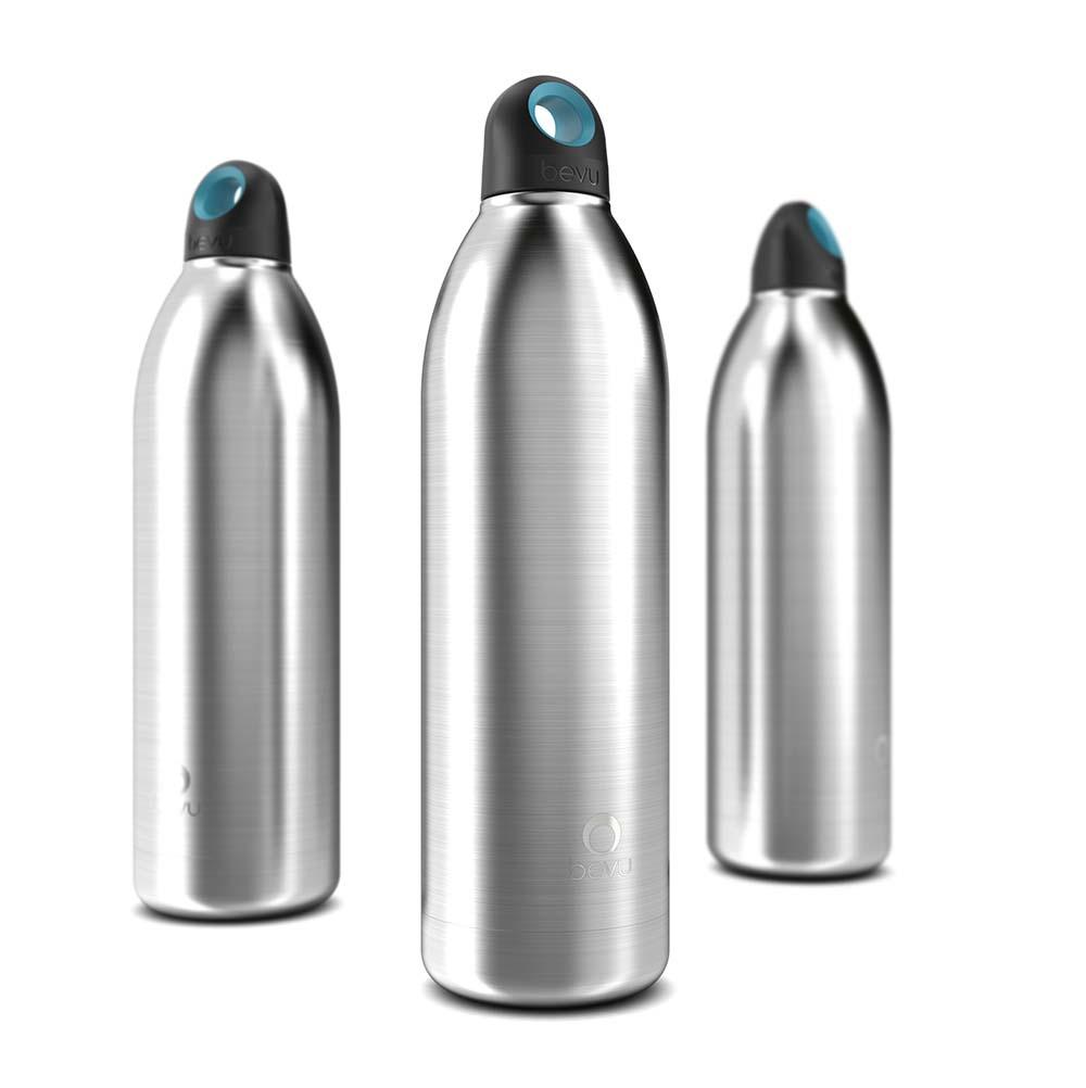 Bevu® DUO Insulated Bottle Steel in vibrant colors, showcasing its sleek design and double vacuum insulation for hot and cold beverages.