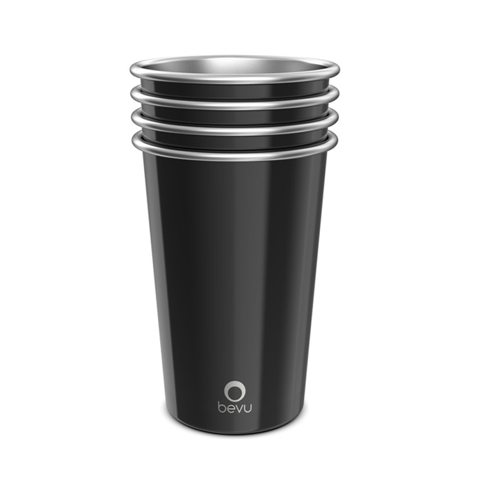 Set of four Bevu® FIESTA Steel Cups in black, 16oz capacity, made of durable stainless steel, perfect for parties and outdoor activities.