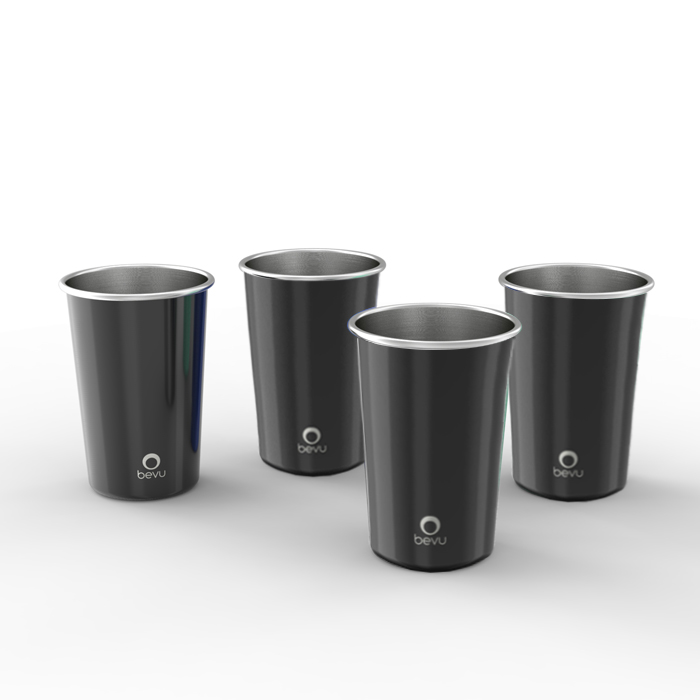 Set of four Bevu® FIESTA Steel Cups in black, 16oz capacity, made of durable stainless steel, perfect for parties and outdoor activities.