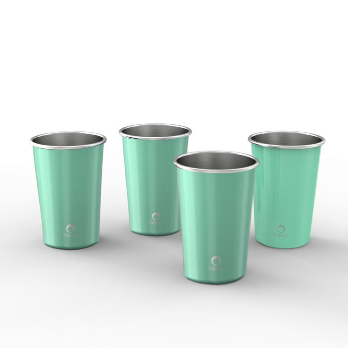 Set of four Bevu® FIESTA Steel Cups in mint color, showcasing their lightweight and stackable design, perfect for parties and outdoor activities.