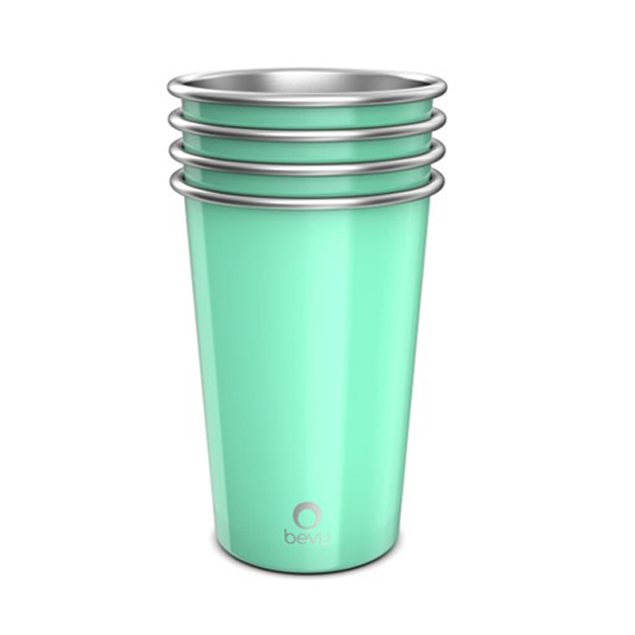 Set of four Bevu® FIESTA Steel Cups in mint color, showcasing their lightweight and stackable design, perfect for parties and outdoor activities.