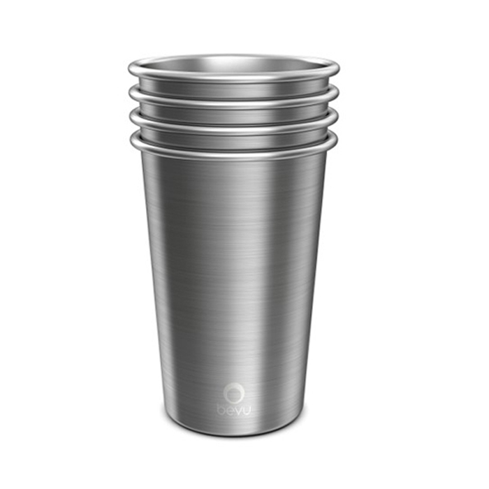 Set of four Bevu® FIESTA Steel Cups in silver, 16oz capacity, perfect for parties and outdoor use.