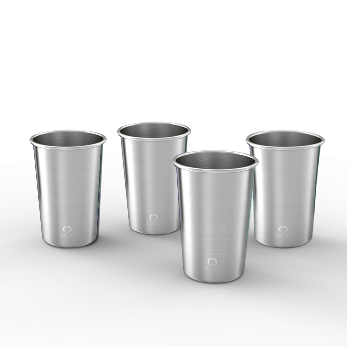 Set of four Bevu® FIESTA Steel Cups in silver, 16oz capacity, perfect for parties and outdoor use.