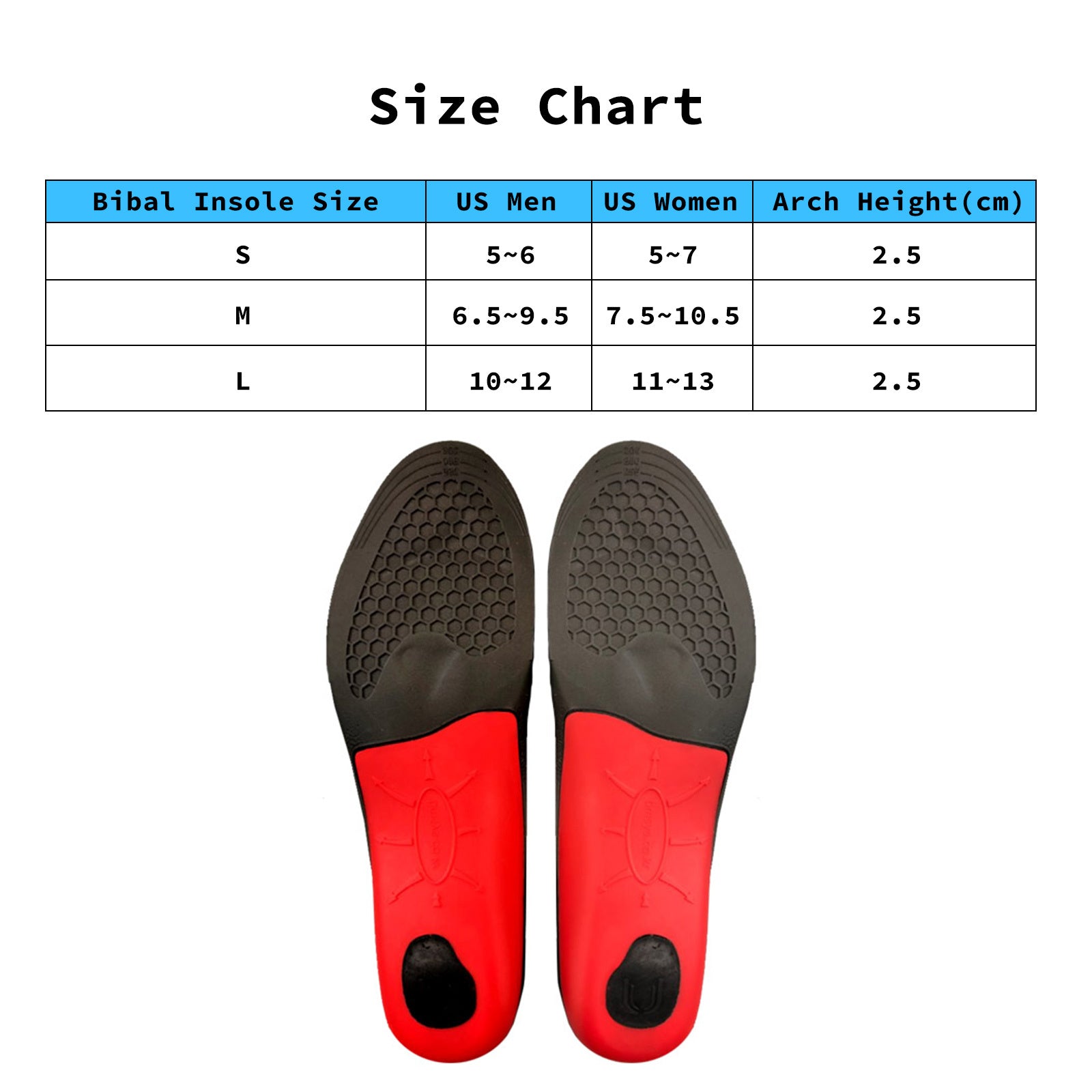 Bibal Insole 2X Pair L Size Full Whole Insoles with arch support, featuring a black and red design and made of durable urethane material.