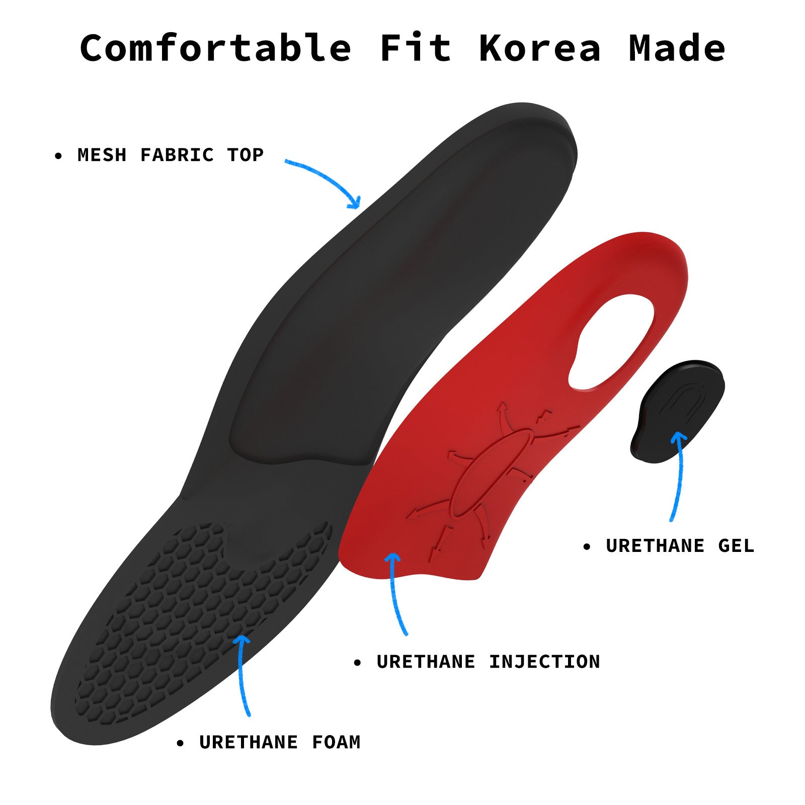 Bibal Insole 2X Pair L Size Full Whole Insoles with arch support, featuring a black and red design and made of durable urethane material.