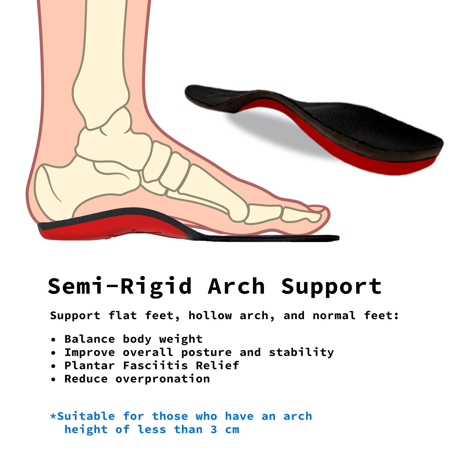 Bibal Insole 2X Pair L Size Full Whole Insoles with arch support, featuring a black and red design and made of durable urethane material.