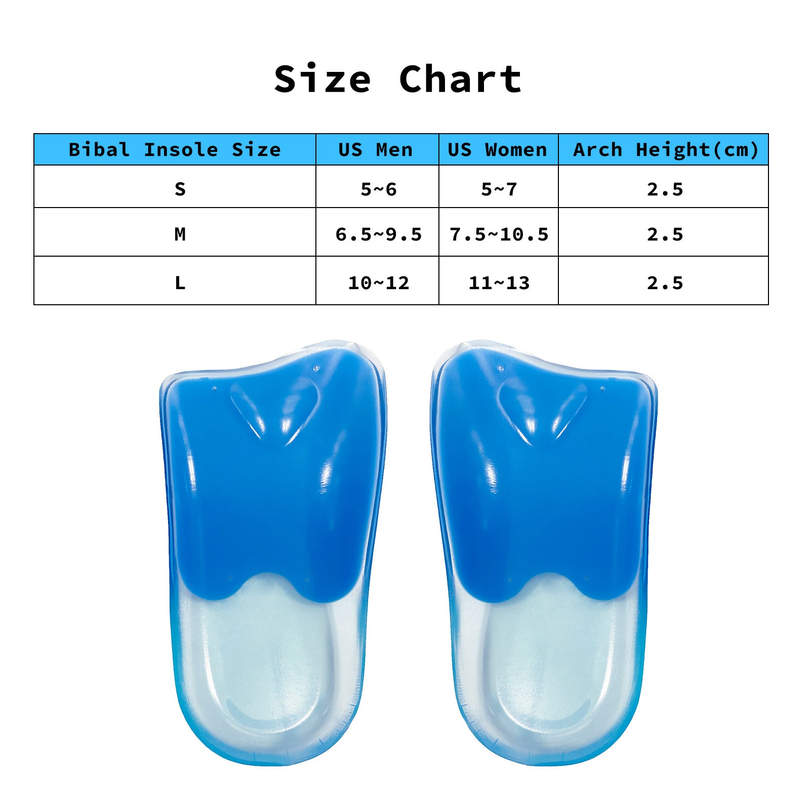 Bibal Insole 4X Pair S Size Gel Half Insoles showcasing their blue color and gel cushioning design for arch support.