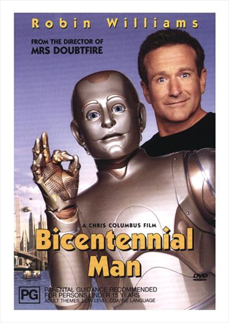 Bicentennial Man DVD cover featuring Robin Williams as a robot on a journey to humanity.