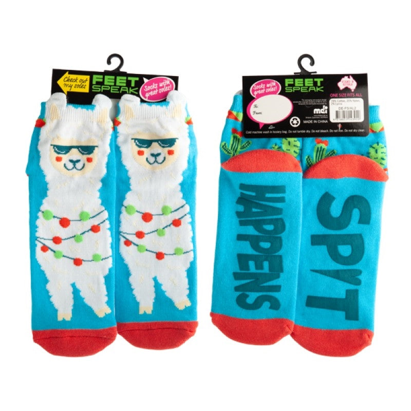 Big Alpaca Feet Speak Socks featuring a fluffy alpaca and prickly pear cacti design with anti-slip text on the bottom.