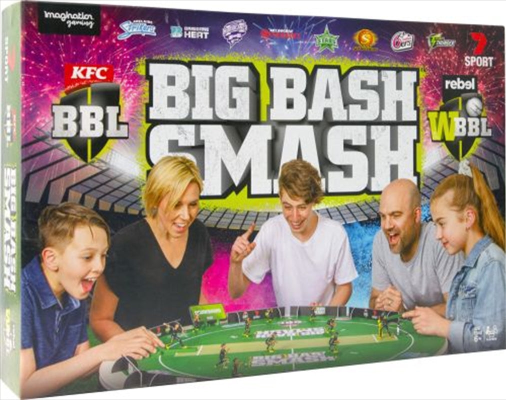 Big Bash Smash Board Game featuring a colorful neoprene cricket field mat and digital scoreboard app.