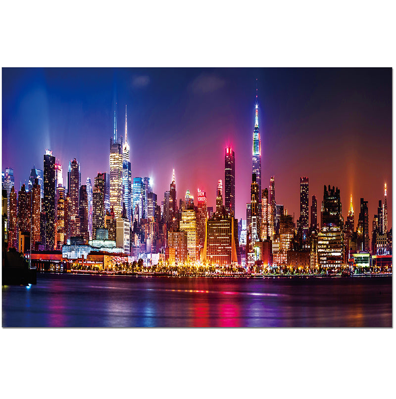 Big City Evening Skyline Acrylic Print showcasing a vibrant city skyline at dusk, featuring a high-gloss finish and polished edges.