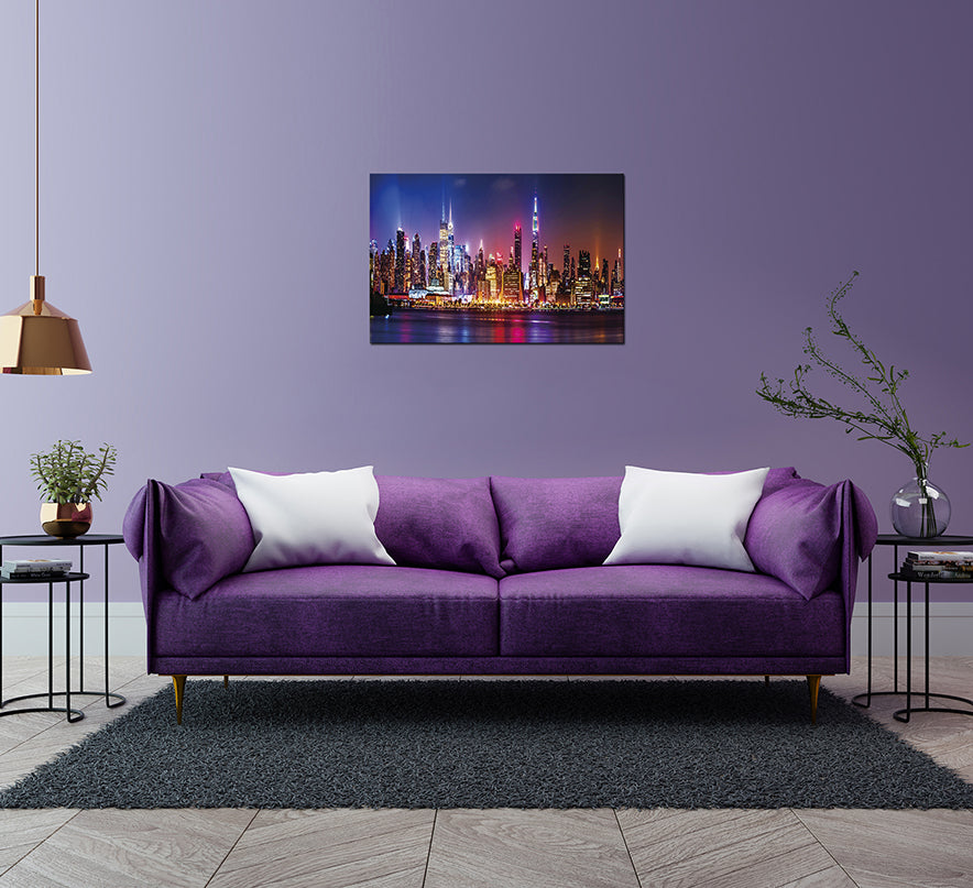 Big City Evening Skyline Acrylic Print showcasing a vibrant city skyline at dusk, featuring a high-gloss finish and polished edges.