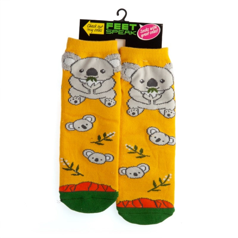 Big Koala Feet Speak Socks featuring a cute koala design and Uluru graphic on the toes, with anti-slip soles.