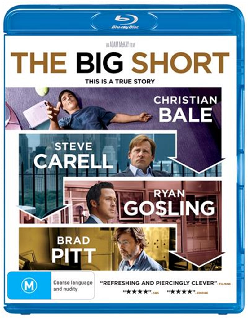 Blu-ray cover of 'The Big Short', featuring key characters and dramatic imagery related to the financial crisis.