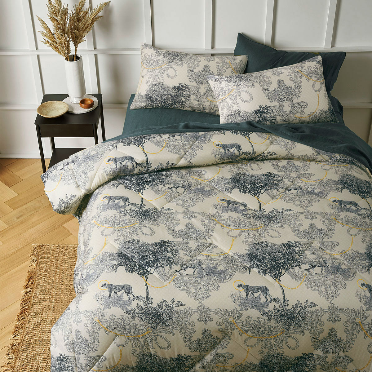 Big Sleep 3 Piece Matteo Comforter Set King featuring a stylish damask print in taupe, indigo, yellow, and orange tones with quilted design.