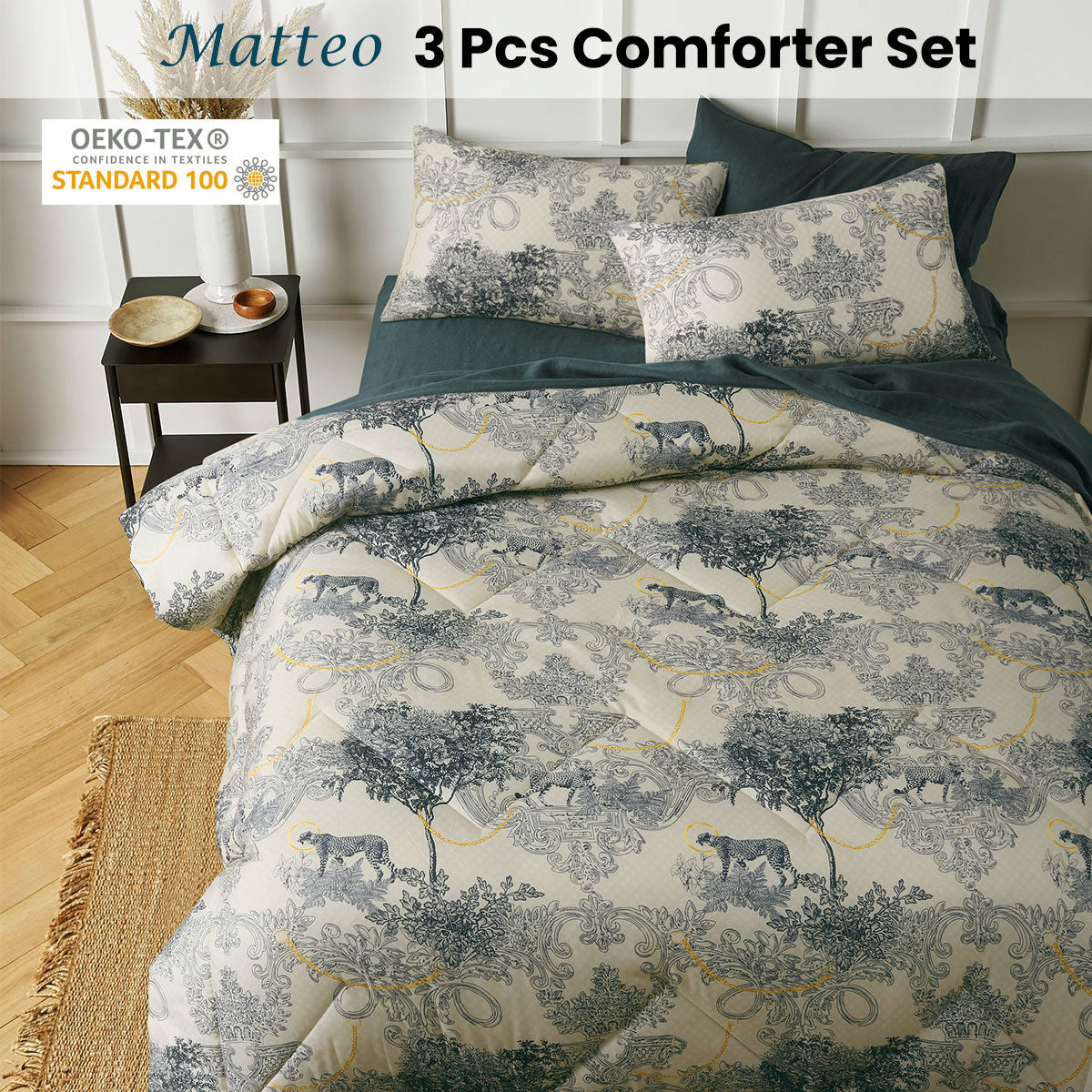 Big Sleep 3 Piece Matteo Comforter Set King featuring a stylish damask print in taupe, indigo, yellow, and orange tones with quilted design.