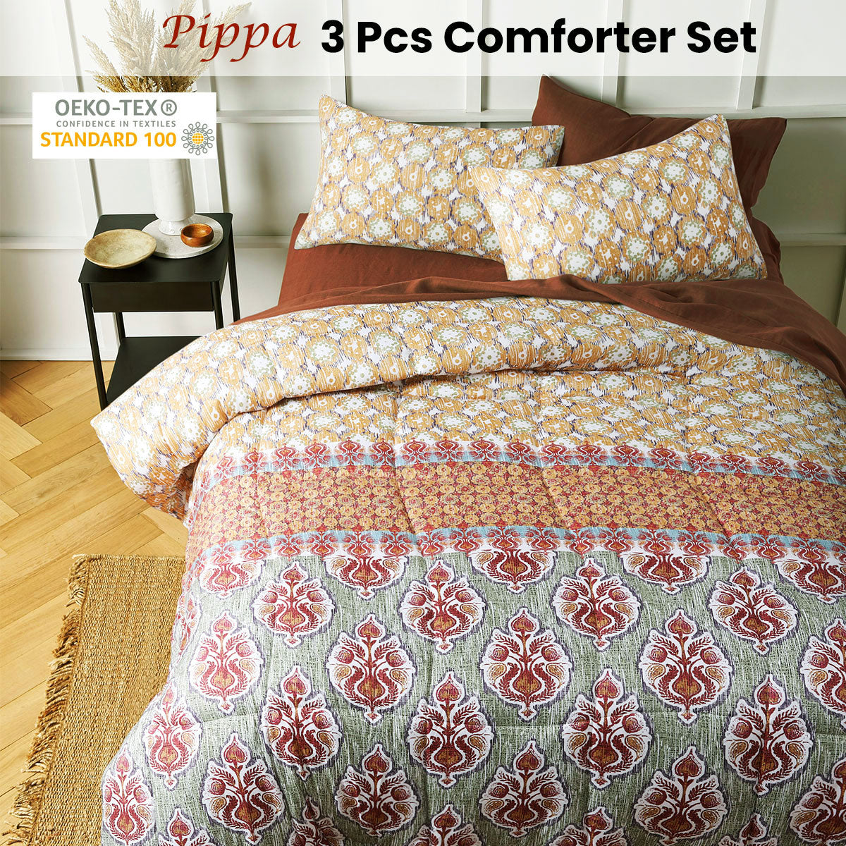 Big Sleep 3 Piece Pippa Comforter Set King featuring a damask print design in white, brown, burgundy, sage, and purple tones with quilted texture.