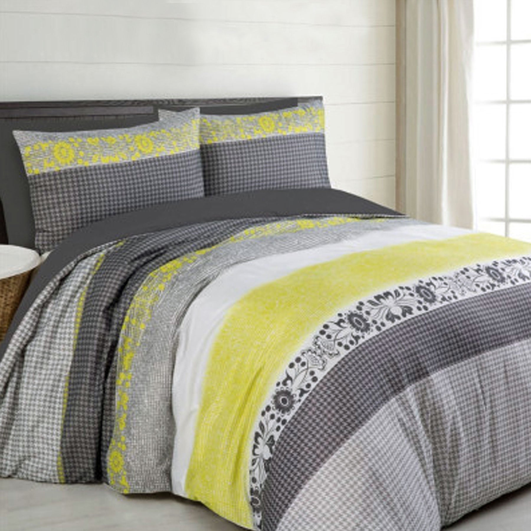 Big Sleep Ali Neon Quilt Cover Set featuring vibrant basketweave print and floral designs in silver, grey, yellow, and black colors.